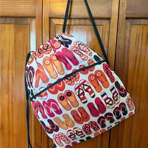 thirty-one White Drawstring Backpack with Pink, Orange and Navy Flip-Flop Print